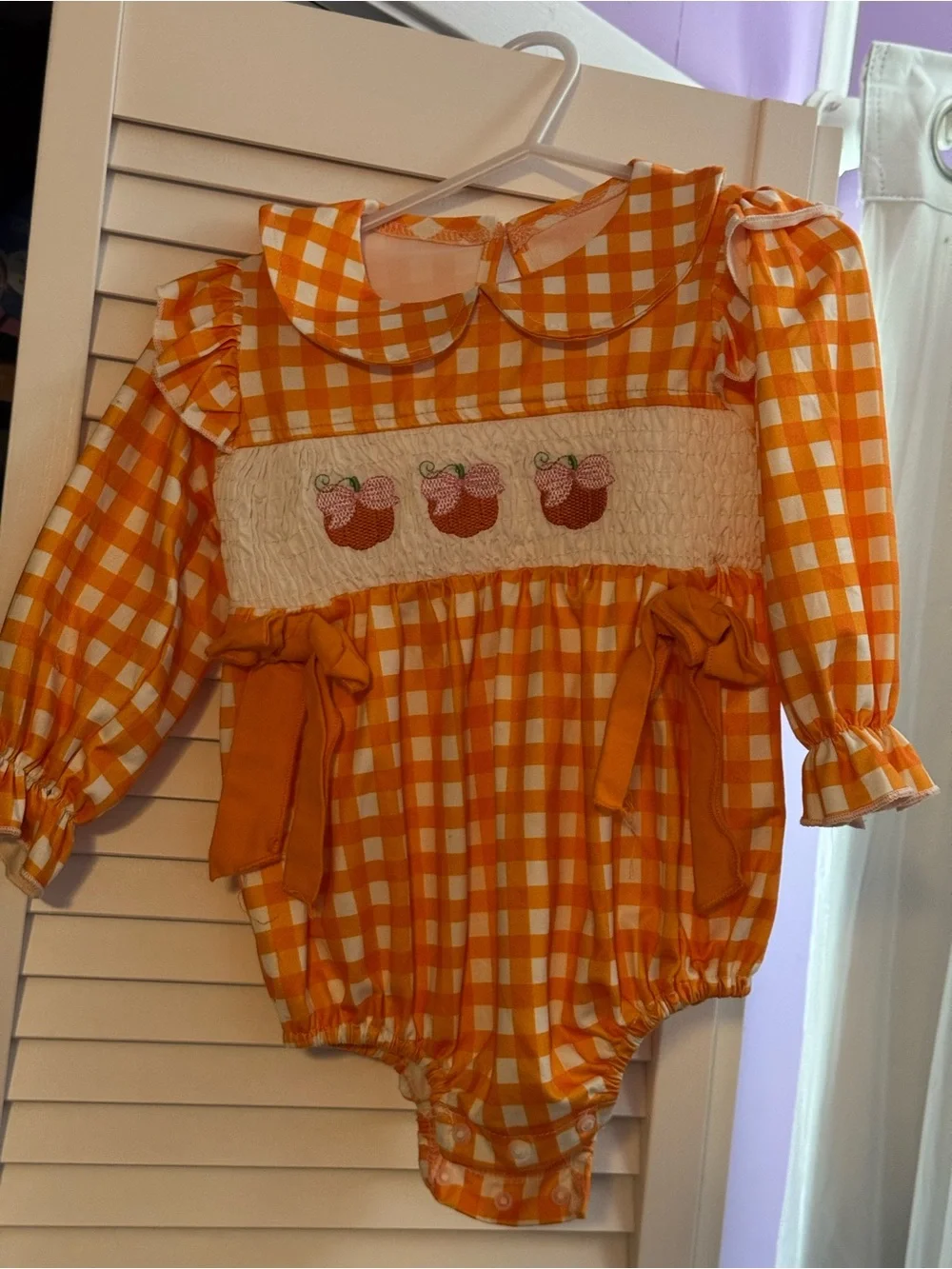 Orange Gingham Smocked Apple Bubble Romper - Kids One Piece